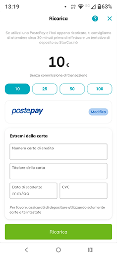 Inserimento importo deposito su StarCasinò
