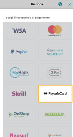 La cassa del casinò StarCasinò con selezione paysafecard