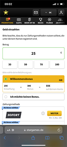 Schritt 1 zur Einzahlung mit PaysafeCard im StarGames Casino: Betrag eingeben.