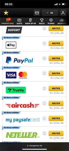 Schritt 2 zur Einzahlung mit PaysafeCard im StarGames Casino: PaysafeCard auswählen.