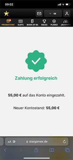 Schritt 4 zur Einzahlung mit PaysafeCard im StarGames Casino: Betrag wird gutgeschrieben.