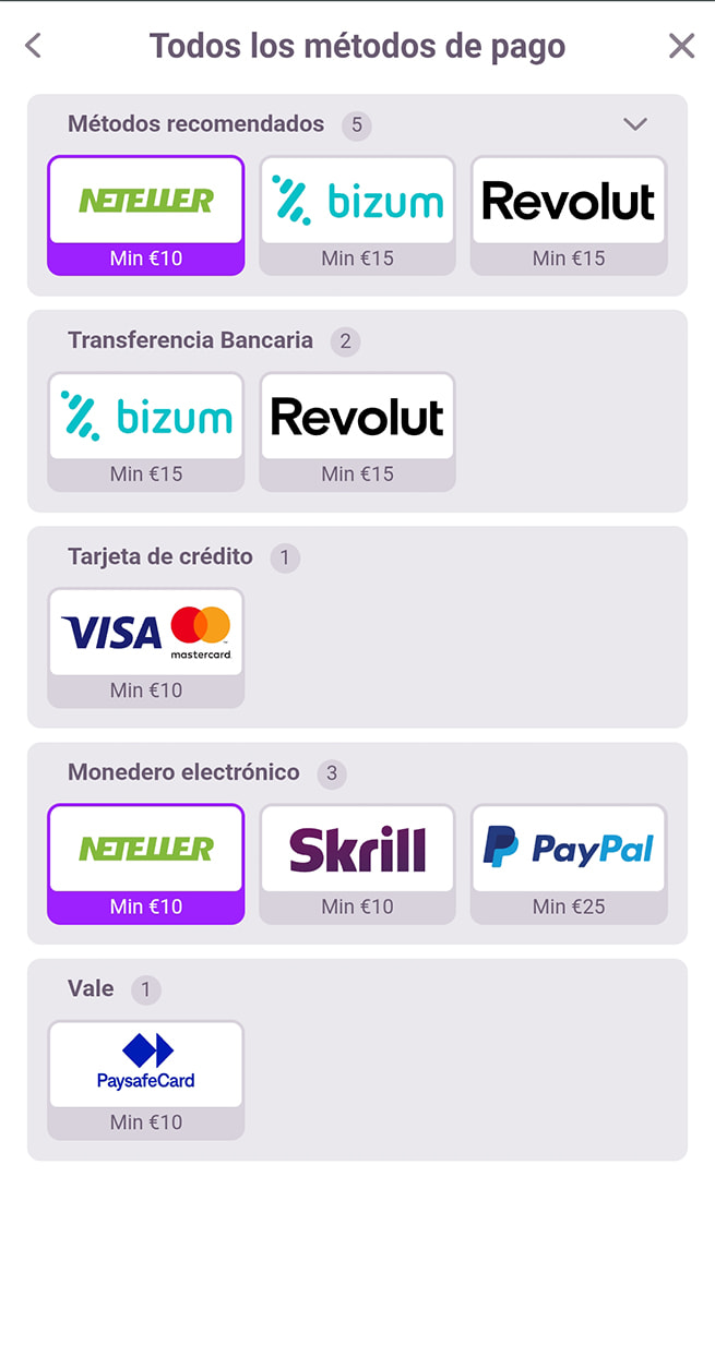 Cajero de TonyBet con PaysafeCard entre los métodos de depósito