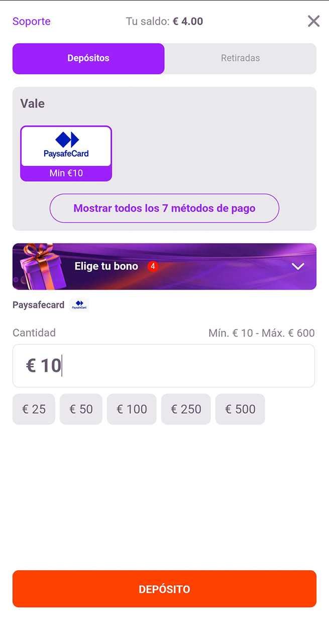 Selección del importe del depósito con PaysafeCard en TonyBet