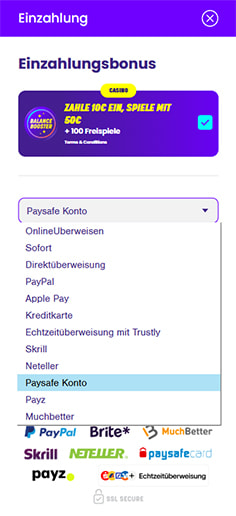 Schritt 1 zur Einzahlung mit PaysafeCard im Wildz Casino: PaysafeCard auswählen.