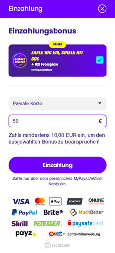 Schritt 2 zur Einzahlung mit PaysafeCard im Wildz Casino: Betrag eingeben.