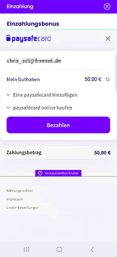 Schritt 3 zur Einzahlung mit PaysafeCard im Wildz Casino: Zahlung bestätigen.
