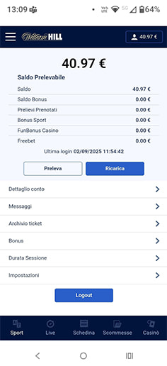 La cassa del casinò William Hill con i metodi di pagamento