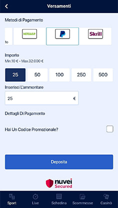 Selezione importo deposito con PayPal su William Hill