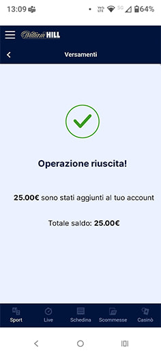 Conferma deposito con Postepay su William Hill