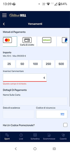 Inserimento importo deposito su William Hill