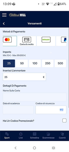 La cassa del casinò William Hill con selezione di Postepay